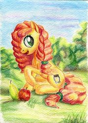 Size: 500x697 | Tagged: safe, artist:kirillk, pear butter, earth pony, pony, g4, the perfect pear, apple, female, food, pear, sitting, smiling, solo, traditional art