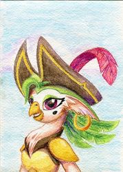 Size: 500x697 | Tagged: safe, artist:kirillk, captain celaeno, anthro, g4, my little pony: the movie, bust, ear piercing, earring, female, hat, jewelry, piercing, pirate hat, portrait, smiling, solo, traditional art