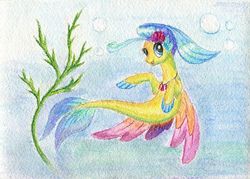 Size: 697x500 | Tagged: safe, artist:kirillk, princess skystar, seapony (g4), g4, my little pony: the movie, female, smiling, solo, traditional art, underwater