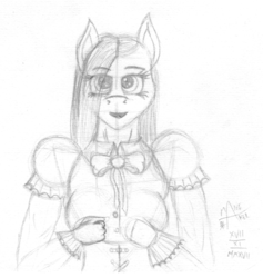 Size: 1077x1135 | Tagged: safe, artist:mane-shaker, pinkie pie, earth pony, anthro, g4, bowtie, clothes, corset, dress, female, looking at you, monochrome, open mouth, pinkamena diane pie, solo, traditional art, victorian, wip