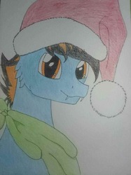 Size: 1534x2048 | Tagged: safe, oc, oc only, oc:blue pixel, bandana, christmas, fangs, hat, holiday, santa hat, traditional art