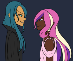 Size: 1711x1434 | Tagged: safe, artist:icicle-niceicle-1517, artist:xandriascript, princess cadance, queen chrysalis, human, g4, alternate hairstyle, black background, collaboration, dark skin, duo, female, humanized, simple background