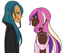 Size: 1711x1434 | Tagged: safe, alternate version, artist:icicle-niceicle-1517, artist:xandriascript, princess cadance, queen chrysalis, human, g4, alternate hairstyle, collaboration, dark skin, duo, female, humanized, simple background, transparent background
