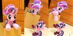 Size: 2040x1024 | Tagged: safe, artist:nekokevin, starlight glimmer, twilight sparkle, alicorn, pony, unicorn, series:nekokevin's glimmy, box, clothes, crossed arms, cute, female, glimmerbetes, hnnng, irl, life size, looking at each other, looking down, looking up, mare, photo, plushie, pony in a box, raised hoof, size difference, smiling, socks, starlight's little twibird, striped socks, twiabetes, twilight sparkle (alicorn)