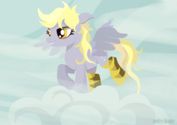 Size: 1014x715 | Tagged: safe, artist:pedrohander, derpy hooves, pegasus, pony, g4, clothes, cloud, female, mare, messy mane, socks, solo, spread wings, striped socks, wings