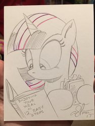 Size: 1536x2048 | Tagged: safe, artist:andy price, twilight sparkle, pony, g4, book, female, food, hoof hold, lineart, mare, monochrome, reading, sandwich, solo, traditional art