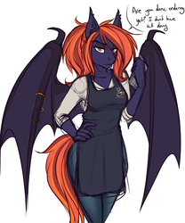 Size: 2494x3000 | Tagged: safe, artist:askbubblelee, oc, oc only, oc:cinnamon bark, bat pony, anthro, anthro oc, apron, bat pony oc, clothes, colored sketch, dialogue, ear piercing, fangs, female, hand on hip, high res, impatient, mare, pants, piercing, shirt, simple background, solo