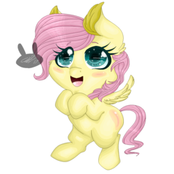 Size: 1000x1000 | Tagged: safe, artist:siena1923, fluttershy, pegasus, pony, g4, amazed, bipedal, blushing, chibi, cute, eye clipping through hair, female, filly, hooves to the chest, looking up, open mouth, simple background, smiling, sparkly eyes, spread wings, transparent background, wings, younger