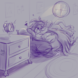 Size: 3500x3500 | Tagged: safe, artist:midnightpremiere, oc, oc only, oc:ember burd, griffon, alarm clock, bed, clock, disgruntled, eared griffon, griffon oc, grumpy, half asleep, high res, lying down, male, morning, nightstand, paws, pillow, rug, sketch, solo, spread wings, sunlight, talons, waking up, window, wings