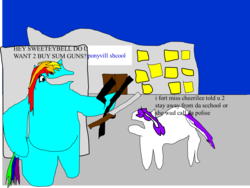 Size: 1514x1140 | Tagged: safe, artist:jacobfoolson, rainbow dash, sweetie belle, g4, 1000 hours in ms paint, gun, stylistic suck, weapon