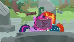 Size: 1334x750 | Tagged: safe, screencap, starlight glimmer, sunburst, twilight sparkle, alicorn, pony, unicorn, g4, shadow play, book, duo, female, hidden eyes, magic, magic aura, male, mare, out of context, stallion, starswirl's book, telekinesis, twilight sparkle (alicorn)