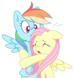 Size: 704x739 | Tagged: safe, artist:yumemiruusagi81, fluttershy, rainbow dash, g4, crying, duo, eyes closed, hug, open mouth, simple background, spread wings, white background, wings