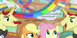 Size: 1000x500 | Tagged: safe, edit, edited screencap, editor:korora, screencap, applejack, flam, flim, fluttershy, g4, viva las pegasus, cropped, flim flam brothers, gilbert and sullivan, lyrics, song reference, utopia limited