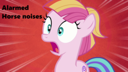 Size: 1280x720 | Tagged: safe, edit, edited screencap, screencap, toola roola, fame and misfortune, g4, season 7, descriptive noise, female, horse noises, open mouth, shrunken pupils, solo, sunburst background