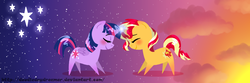 Size: 832x277 | Tagged: safe, artist:doodledaydreamer, sunset shimmer, twilight sparkle, alicorn, pony, g4, blushing, cute, cutie mark, eyes closed, female, horn, horns are touching, lesbian, magic, pointy ponies, shimmerbetes, ship:sunsetsparkle, shipping, twiabetes, twilight sparkle (alicorn)