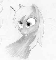 Size: 955x1033 | Tagged: safe, artist:t72b, derpibooru exclusive, derpy hooves, pegasus, pony, g4, :p, bust, female, grayscale, happy, monochrome, portrait, silly, smiling, solo, tongue out, traditional art