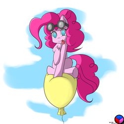 Size: 1024x1024 | Tagged: safe, artist:genericmlp, pinkie pie, earth pony, pony, g4, balloon, balloon riding, female, floating, goggles, mare, solo, that pony sure does love balloons, then watch her balloons lift her up to the sky, tongue out