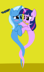 Size: 371x608 | Tagged: safe, artist:navitaserussirus, trixie, twilight sparkle, genie, asktwixiegenies, g4, blush sticker, blushing, cropped, female, lesbian, ship:twixie, shipping, simple background, squee, yellow background