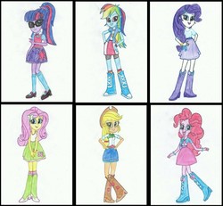 Size: 1136x1049 | Tagged: safe, applejack, fluttershy, pinkie pie, rainbow dash, rarity, sci-twi, twilight sparkle, equestria girls, g4, belt, boots, clothes, compression shorts, cowboy hat, denim skirt, hat, high heel boots, humane five, humane six, mane six, mary janes, ponytail, shoes, skirt, socks, stetson, traditional art