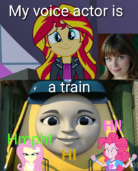 Size: 720x894 | Tagged: safe, derpibooru exclusive, fluttershy, pinkie pie, sunset shimmer, equestria girls, g4, blatant lies, fourth wall, rebecca shoichet, rebecca the happy engine, thomas the tank engine