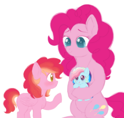 Size: 1469x1399 | Tagged: safe, artist:unoriginai, pinkie pie, oc, oc:party popper, oc:sugar crash, g4, ambiguous gender, family, female, intersex, magical lesbian spawn, mother and child, offspring, parent:pinkie pie, parent:rainbow dash, parents:pinkiedash, siblings, story included