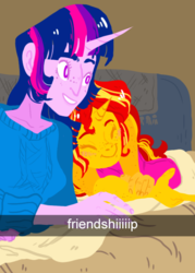 Size: 474x663 | Tagged: safe, artist:stevetwisp, sunset shimmer, twilight sparkle, human, equestria girls, g4, cuddling, cute, eyes closed, female, freckles, horn, horned humanization, humanized, lesbian, peppered bacon, shimmerbetes, ship:sunsetsparkle, shipping, smiling, snapchat