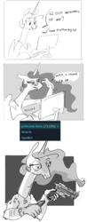 Size: 1437x3666 | Tagged: safe, artist:alumx, princess celestia, anthro, derpibooru, g4, comic, dialogue, floppy ears, grayscale, gun, handgun, hoof hands, jealous, lidded eyes, meta, monochrome, sibling rivalry, suddenly hands, tags, this will end in death, this will end in tears and/or a journey to the moon, weapon