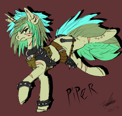 Size: 2803x2660 | Tagged: safe, artist:brainiac, oc, oc only, oc:piper, pony, unicorn, fallout equestria, armor, bottlecap, collar, female, flat colors, high res, lesbian, mare, raider, raider armor, reference sheet, scar, solo, spiked armor, spiked wristband, unshorn fetlocks, wristband