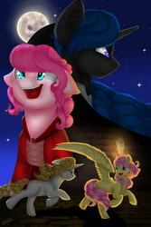 Size: 4000x6000 | Tagged: safe, artist:amywhooves, fluttershy, nightmare moon, pinkie pie, oc, g4, absurd resolution, clothes, crossover, dance of the vampires, full moon, moon, musical, night, open mouth, signature, stars