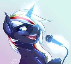 Size: 3173x2884 | Tagged: safe, artist:drizziedoodles, oc, oc only, oc:velvet remedy, pony, unicorn, fallout equestria, fanfic, fanfic art, female, glowing horn, gradient background, high res, horn, magic, mare, microphone, simple background, singing, solo, telekinesis