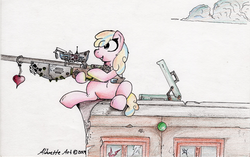 Size: 1024x642 | Tagged: safe, artist:sushimytaco, oc, oc only, oc:puppysmiles, earth pony, pony, fallout equestria, alternate universe, briefcase, building, cloud, earth pony oc, fanfic, fanfic art, female, filly, foal, gun, hooves, optical sight, rifle, sitting, smiling, sniper, sniper rifle, solo, traditional art, weapon