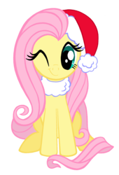 Size: 1100x1614 | Tagged: safe, artist:lonewolf3878, fluttershy, g4, christmas, clothes, cute, female, hat, hnnng, holiday, looking at you, one eye closed, santa hat, scarf, shyabetes, simple background, sitting, solo, transparent background, vector, weapons-grade cute, wink