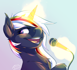 Size: 3173x2884 | Tagged: safe, artist:drizziedoodles, oc, oc only, oc:velvet remedy, pony, unicorn, fallout equestria, fanfic, fanfic art, female, glowing horn, gradient background, high res, horn, magic, mare, microphone, open mouth, simple background, singing, solo, telekinesis