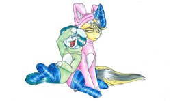 Size: 1024x605 | Tagged: safe, artist:tillie-tmb, oc, oc only, oc:meadow lark, oc:tempest, earth pony, pony, unicorn, animal costume, bunny costume, clothes, costume, female, laughing, mare, sitting, socks, striped socks, traditional art, unamused