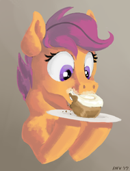 Size: 502x660 | Tagged: safe, artist:invertigo, scootaloo, g4, cinnamon bun, eating, food