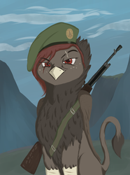 Size: 780x1050 | Tagged: safe, artist:phi, oc, oc only, griffon, equestria at war mod, beret, female, hat, m1918 b.a.r., solo, weapon