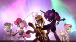 Size: 1280x720 | Tagged: safe, artist:flipchip, fluttershy, pinkie pie, sweetie belle, oc, oc:bella (foe), oc:wisp chaser, alicorn, earth pony, pegasus, pony, robot, robot pony, unicorn, fallout equestria, g4, 3d, artificial alicorn, bass cannon, blank flank, dubstep gun, eyes closed, fanfic, fanfic art, female, filly, flutterbot, foal, grin, hooves, horn, mare, microphone, musical, one eye closed, pinkie bot, protectron, raised hoof, singing, smiling, source filmmaker, sweetie bot, the years between