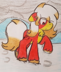 Size: 2556x3024 | Tagged: safe, artist:euspuche, edit, oc, oc only, oc:carmen garcía, earth pony, pony, female, high res, looking down, male, snow, traditional art, walking