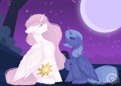 Size: 2920x2080 | Tagged: safe, artist:sylnodellight, princess celestia, princess luna, alicorn, pony, g4, behaving like a wolf, chest fluff, eyes closed, female, grass, high res, howling, mare, moon, night, pink-mane celestia, raised hoof, royal sisters, s1 luna, siblings, sisters, starry night, tree, younger