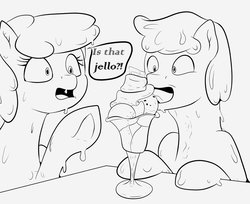 Size: 1200x981 | Tagged: safe, artist:undermrph, oc, oc only, goo pony, original species, dialogue, food, ice cream, jello, licking, lineart, sundae, table, tongue out
