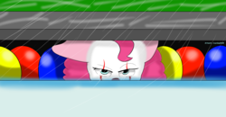Size: 800x415 | Tagged: safe, artist:ricardop3608, pinkie pie, earth pony, pony, g4, balloon, crossover, female, it, pennywise, pinkiewise, rain, solo, storm drain