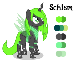 Size: 1527x1217 | Tagged: safe, artist:mythchaser1, oc, oc only, oc:schism, changeling, original species, commission, female, green changeling, mare, reference sheet