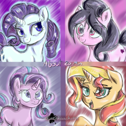 Size: 3000x3000 | Tagged: safe, artist:katakiuchi4u, rarity, starlight glimmer, sunset shimmer, oc, pony, unicorn, g4, colored sketch, female, high res, mare, smiling