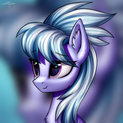 Size: 3000x3000 | Tagged: safe, artist:setharu, cloudchaser, pegasus, pony, g4, bust, chest fluff, ear fluff, female, folded wings, high res, lidded eyes, mare, portrait, signature, smiling, solo, zoom layer