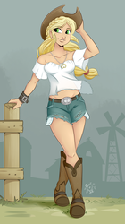 Size: 1600x2850 | Tagged: safe, artist:ponut_joe, applejack, human, g4, applejack's hat, armpits, belly button, belt, boots, bracelet, braid, clothes, cowboy boots, cowboy hat, cuff, cute, daisy dukes, female, hat, humanized, jackabetes, jeans, jewelry, looking away, midriff, necklace, pants, see-through, shoes, short jeans, shorts, smiling, solo, torn clothes, windmill, wristband