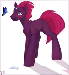 Size: 827x899 | Tagged: safe, artist:kindly-fox, tempest shadow, butterfly, pony, unicorn, g4, my little pony: the movie, blank flank, broken horn, female, horn, mare, smiling, solo