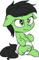 Size: 455x696 | Tagged: safe, artist:mrs1989, artist:smoldix, color edit, edit, oc, oc only, oc:filly anon, pony, 4chan, :t, baby, baby pony, colored, diaper, female, filly, floppy ears, scrunchy face, simple background, sitting, underhoof