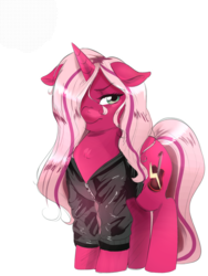 Size: 1200x1600 | Tagged: safe, artist:mrscurlystyles, oc, oc only, oc:pynk hyde, pony, unicorn, 2018 community collab, derpibooru community collaboration, clothes, female, guitar, hair over one eye, jacket, mare, simple background, transparent background