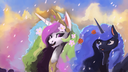 Size: 5760x3240 | Tagged: dead source, safe, artist:hierozaki, princess celestia, princess luna, alicorn, pony, g4, absurd resolution, cloud, crown, duo, female, flower, flower in hair, happy, jewelry, peytral, regalia, royal sisters, sisters, smiling