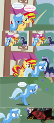 Size: 1284x2890 | Tagged: safe, artist:hakunohamikage, sunset shimmer, trixie, pony, unicorn, ask-princesssparkle, g4, abuse, ask, burned, comic, dusk guard, female, mare, royal guard, trixie's wagon, trixiebuse, tumblr, twilight's royal guard, vandalism